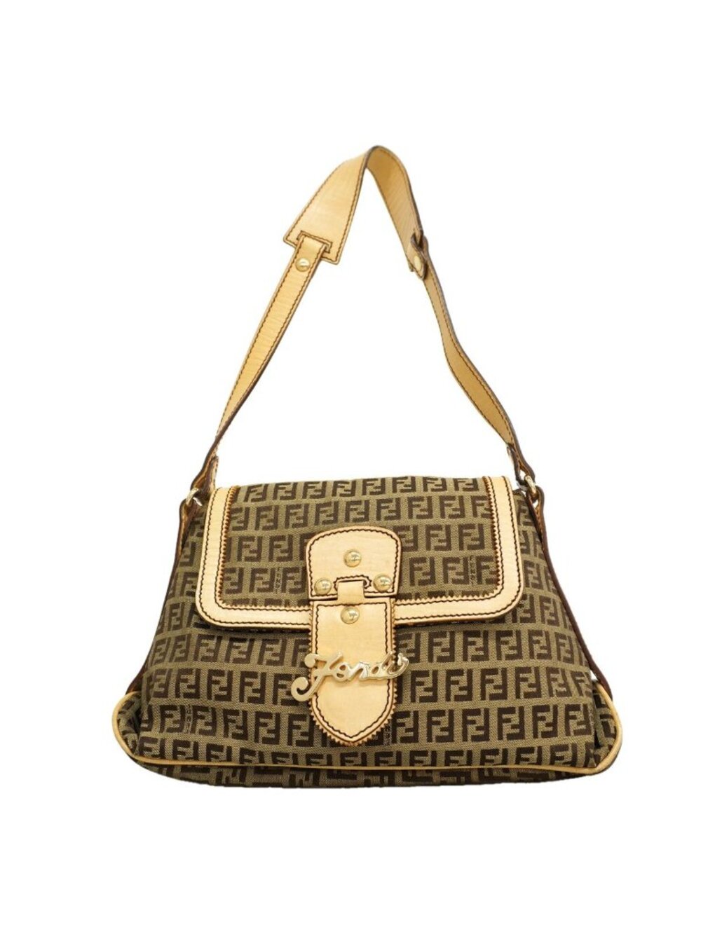 Fendi Shoulder Bag Zucchino Nylon Canvas Brown Gold